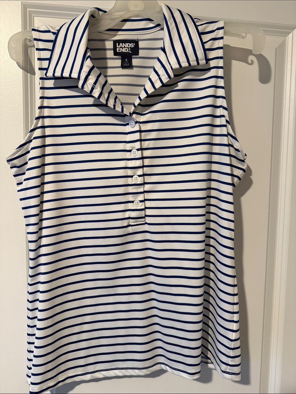 Lands' End Women’s Sleeveless Polo Tank - White with Navy Stripes